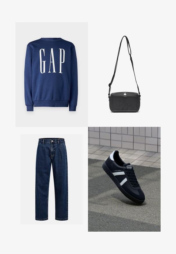 GAP Pusa - blue shade; Tumed sinine denimiteksad sirge lõikega. Omavad nähtavat tikandit, nuppe sulgemiseks ning ees olevaid voldikesi lisadetailiks.; Must have musta sneaker musta valgete triipudega, tekstuurne kummitald ja nööridega esiosa. Omab bränditud märki keele peal.; Musternast mustriga nahast ristiõlgadega kott, millel on tõmbluku sulgemine, esiküljel on sissepressitud logo ja reguleeritav rihm. Sile tekstuur ja ristkülikukujuline kuju.