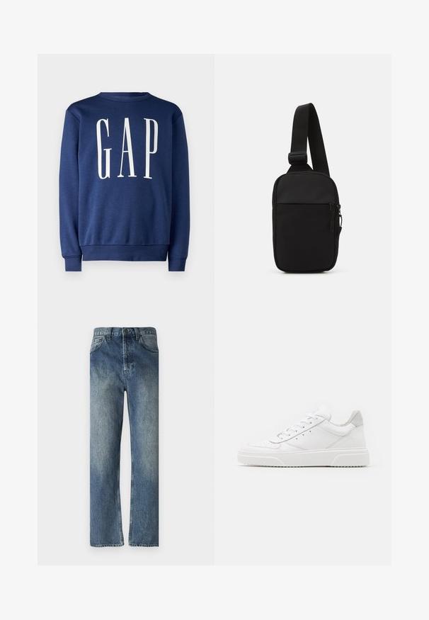 GAP Collegepaita - blue shade; Siniset farkut suora lahkeineen, joissa on haalistunut pesu, vyölenkit, etutaskut ja yksi takatasku.; Valkoiset nahkakengät, joissa on sileä pinta, pyöreä kärki, litteät nauhat ja teksturoitu pohja. Harmaa mokkanahka korostaa kantapäätä.; Musta olkalaukku, joka on valmistettu kestävästä kankaasta. Laukussa on yksi säädettävä olkahihna, vetoketjulla suljettava pääosasto ja etutasku.