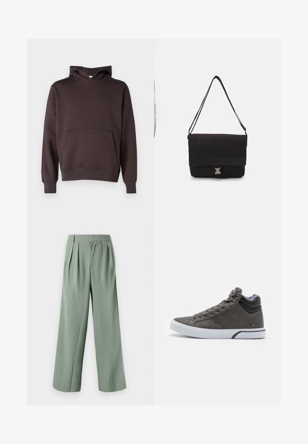 Smeđi dukserica s kapuljačom izrađena od mekane tkanine, s prednjim džepom, rebrastim rukavima i rubom, te klasičnim A-linijom.; Zelene široke hlače s nabranim detaljima, izrađene od glatkog materijala. Sadrže zatvaranje na zip i dva bočna džepa. Jednostavan, krojeni dizajn.; Sivi visoki tenisice s glatkom kožom, bijelim gumenim potplatom, podstavljenim ovratnikom i metalnim rupicama za vezice. Vidljiva meka siva podstava.; Crni messenger ruksak od glatkog materijala, s preklopom, srebrnim kopčanjem i podesivim remenom za rame.