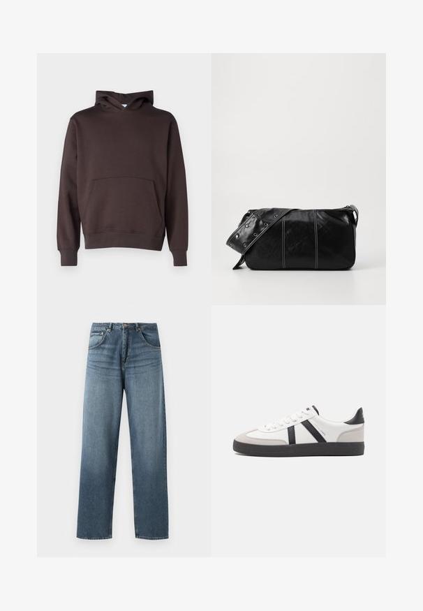 Brązowa bluza z kapturem, wykonana z miękkiego materiału, z przednią kieszenią, ściągaczami na rękawach i u dołu, o klasycznym kształcie w kształcie litery A.; Proste niebieskie dżinsy o wypłukanym kolorze, z pięcioma kieszeniami, metalowym guzikiem i szlufkami na pasek. Strukturalny, średniej gramatury materiał.; Białe sneakersy z czarnymi i szarymi akcentami, z teksturowanym szarym czubkiem, czarną gumową podeszwą i płaskimi białymi sznurowadłami. Czysty design, minimalistyczny styl.; Czarna skórzana torba na ramię z zamkiem błyskawicznym, charakteryzująca się teksturowanym korpusem, białymi przeszyciami oraz paskiem z srebrnymi osłonkami.