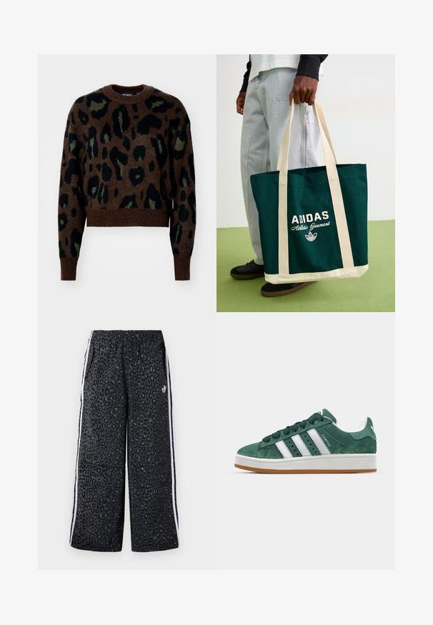 Skórzana bluzka w kolorze brązowym, z wzorem w panterę w kolorze czarnym i zielonym. Wykonana z teksturowanej dzianiny z prążkowanym dołem i mankietami.; adidas Originals UNISEX czarny; Zielone zamszowe trampki z białymi skórzanymi paskami, gumową podeszwą, wyściełanym kołnierzem i minimalistycznym wzornictwem. Posiadają branding z boku.; Osoba trzyma ciemnozieloną torbę tote od Adidasa z beżowymi ramiączkami i spodem, ubrana w jasnoniebieskie dżinsy i czarne buty na zielonej podłodze.