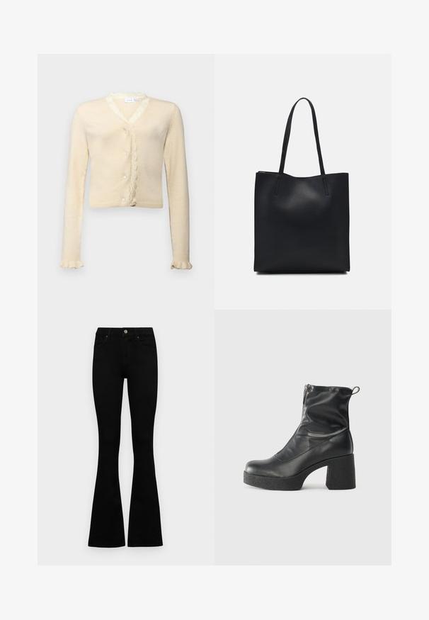 Cardigã de cor creme com mangas longas, fecho de botão, decote com bordas onduladas e punhos de mangas com babados. Feito de um material suave e leve.; Jeans pretos de cintura alta com fecho de botão e zíper, bolsos frontais e pernas largas dispostos em cima de um fundo branco.; Botas de tornozelo pretas feitas de couro liso, com fecho lateral, salto grosso texturizado e design de bico arredondado.; Bolsa tote preta em couro com textura lisa, forma retangular e duas alças longas. Sem hardware ou enfeites visíveis.