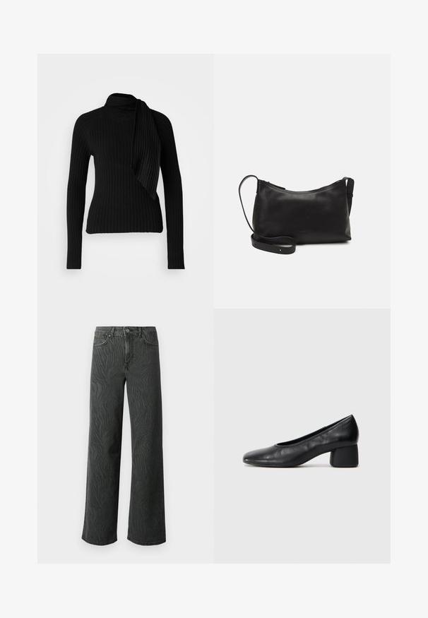 Schwarzer gerippter Strickpullover mit einem Mockneck und seitlichem Drapierungsdetail. Lange Ärmel, taillierte Passform und strukturiertes Material sorgen für einen eleganten Look.; Weite Jeans aus dunkelgrauem Denim, mit einer subtilen Zebra-Muster-Struktur, kontrastierenden Nähten und einem Fünf-Taschen-Design mit einem Knopfverschluss.; Schwarze Lederpumps mit runder Zehenpartie und mittelhohem Blockabsatz. Glatte Textur mit minimalen Details, ausgestattet mit einem dezenten elastischen Einstieg.; Schwarze Ledertasche für die Schulter mit glatter Textur, geschwungener Form, verstellbarem Tragegurt und Reißverschluss. Minimalistisches Design ohne Verzierungen.