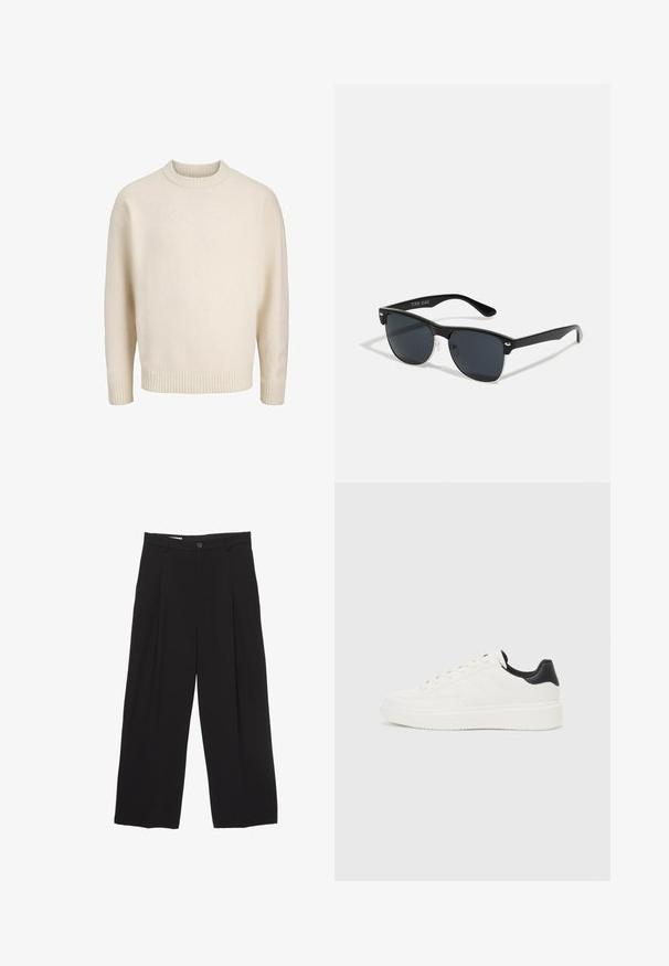 Kremasti pulover od pamučne mješavine s rebrastim okruglim izrezom, spuštenim ramenima i rebrastim manžetama i donjim rubom. Mekana tekstura s opuštenim krojem.; Crne široke hlače od glatkog materijala, s ravnim pojasom, prednjim nabranim detaljima i zatvaranjem na jedan gumb.; Bijela kožna tenisica s utisnutim uzorkom, teksturiranom bijelom potplatom i crnim naglaskom na peti. Ima zaobljen nos i ravne vezice.; Crne sunčane naočale pravokutnog oblika, tamne leće, srebrni detalji na sljepoočnicama i matirajuća završna obrada okvira.