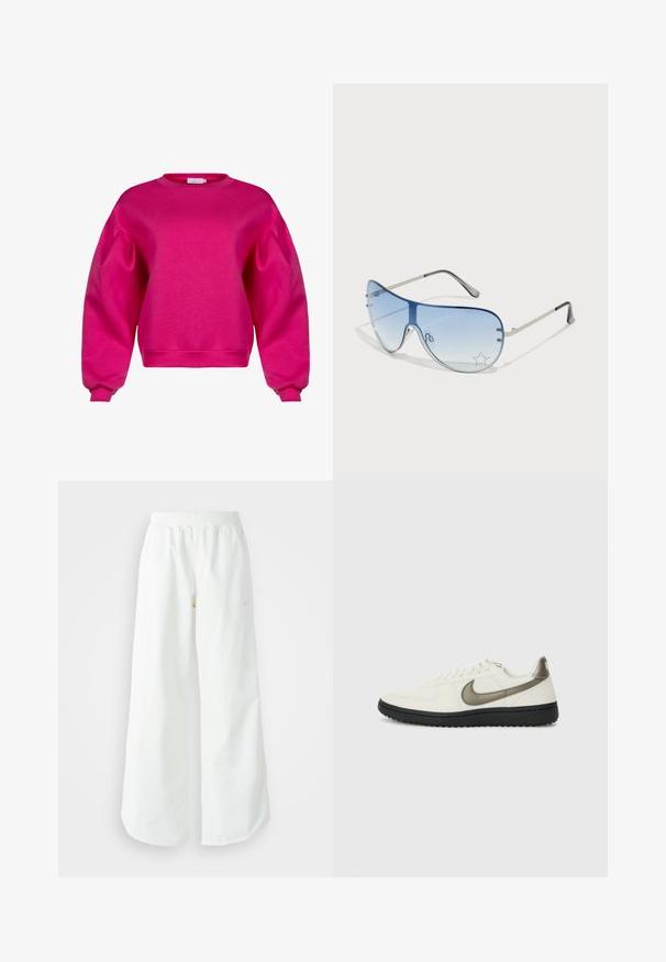 Laurella MELBOURNE - Sudadera - pink; Pantalones deportivos blancos de pierna ancha con una cinturilla acanalada y un sutil detalle de logo. Tela suave con un ajuste relajado y dobladillo ajustado.; Nike Sportswear FIELD GENERAL - Zapatillas - off-white/black; Gafas de sol tipo aviador con lentes azul degradado, montura de metal plateado y acentos decorativos de estrellas en los lentes. Diseño suave y elegante.