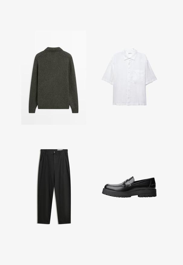 Maglione in lana grigio scuro con maniche lunghe e fondo a coste, mostrato dal retro su uno sfondo bianco uniforme.; Camicia bianca a maniche corte con chiusura a bottoni, colletto e una singola tasca sul petto. Realizzata in tessuto leggero con una texture liscia.; Pantaloni in cotone neri con una vestibilità rilassata, dotati di una vita classica, pieghe frontali e tasche laterali. Tessuto liscio senza fantasie.; Mocassino in pelle nera con suola spessa e tassellata e fascia decorativa sulla parte superiore, mostrato in profilo sinistro su sfondo bianco.