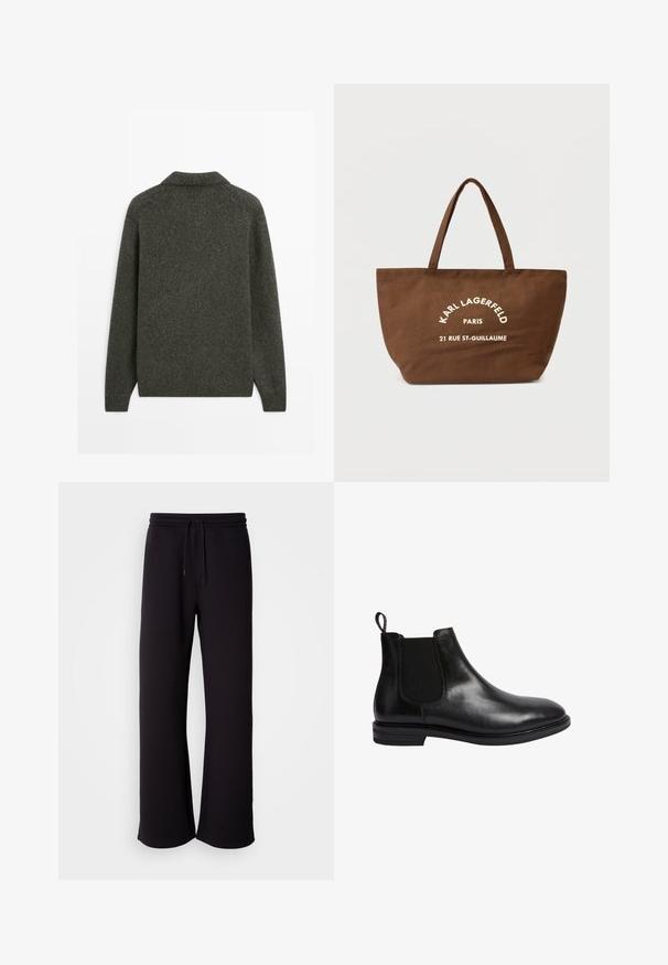 Donkergrijze wollen trui met lange mouwen en een geribde zoom, weergegeven vanuit de achterkant op een effen witte achtergrond.; Wit, kort mouw T-shirt met een ronde halslijn, gemaakt van katoen. Eenvoudig ontwerp, zonder patronen of accenten, gezien van achteren.; Zwarte joggingbroek van zacht materiaal, met een trekkoord in de taille, een losse pasvorm en een rechte pijp. Minimalistische stijl zonder patronen.; Zwarte leren Chelsea boot met elastische zijpaneel, ronde neus, een trekhaak aan de achterkant en een lage gestapelde hak. Glad, gepolijst oppervlak.; Bruine canvas draagtas met twee handvatten, met witte gedrukt tekst "KARL LAGERFELD PARIS 21 RUE ST-GUILLAUME." Simpel ontwerp en ruime vorm.