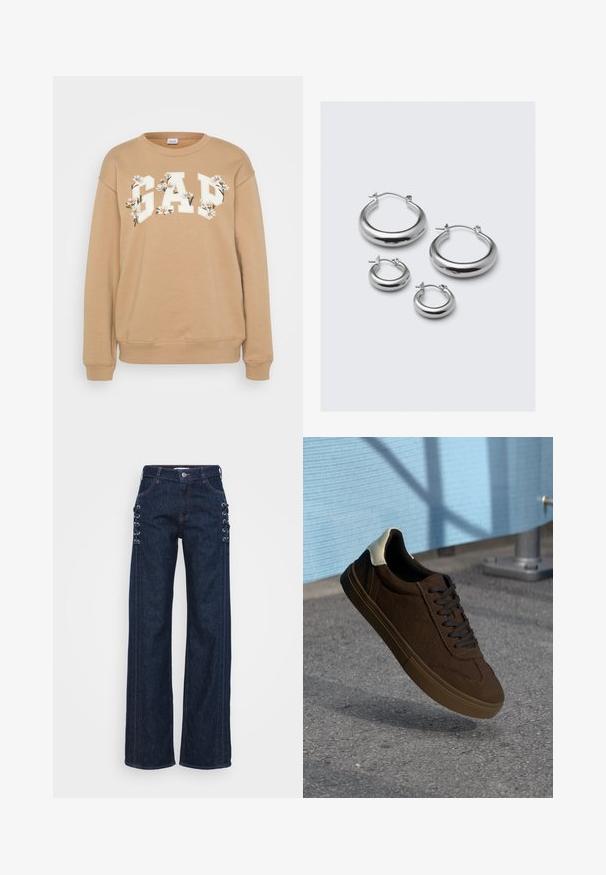 Hanorac bej cu inscripția "GAP" în litere albe, îmbogățit cu accente florale. Mâneci lungi cu manșete și tiv din material elastic. Design lejer.; Jeans din denim albastru închis, cu croi larg, prezentând accente de șireturi pe laterale, cusături contrastante portocalii și un design clasic cu cinci buzunare.; Adidași de piele întoarsă maroon, cu șireturi negre, având un capac alb pe călcâi și detalii de cusătură texturată. Talpă din cauciuc.; Patru perechi de cercei din argint în diferite dimensiuni: cercuri mari netede și stiluri rotunjite mai mici cu finisaj lustruit și clape simple.