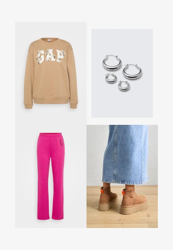Barna pulóver, amelyen a "GAP" felirat vastag, fehér betűkkel és virágos díszítésekkel látható. Hosszú ujjak ribbelt mandzsettával és szegéllyel. Kényelmes dizájn.; Rózsaszín melegítőnadrág rugalmas derékkal, egyenes szárú kivágással és nagy nyomtatott "G" logóval a bal combon. Puha pamut kevertszövetből készült.; Barna velúr platform csizmák elasztikus oldalsó panelekkel és narancssárga húzófülekkel, amelyek egy térdközépig érő világoskék farmer szoknyával vannak párosítva egy fás padlón.; Négy pár ezüst karika fülbevaló eltérő méretekben: nagy sima körök és kisebb, lekerekített stílusok fényes felülettel és egyszerű kapcsokkal.