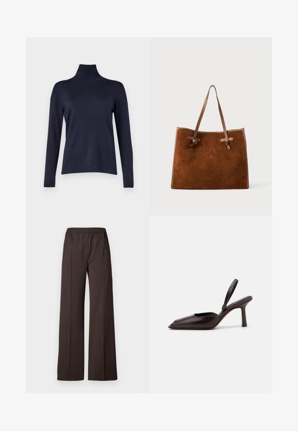 WEEKEND MaxMara KIKU - Jersey de punto - blu; Pantalones de pierna ancha en tela marrón oscuro con cinturilla elástica, que presentan una textura suave y líneas limpias para un aspecto ajustado.; Zapatos de charol marrón con tacón alto y delgado, y punta afilada. Presentan un diseño elegante y una textura de superficie suave.; Bolso tote de ante marrón con dos asas de cuero, forma plana, acentos cosidos y detalle de nudos en los laterales. Sin cierres visibles.
