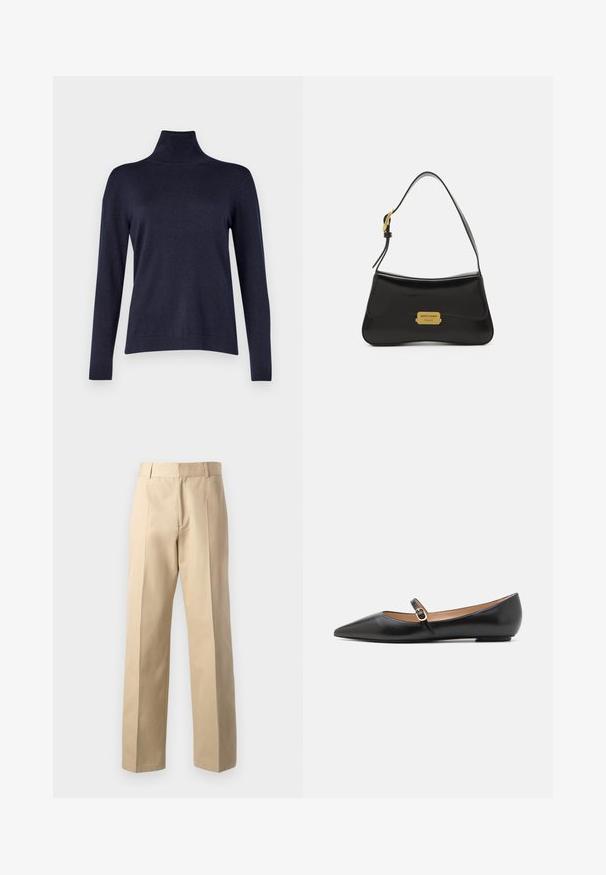 WEEKEND MaxMara KIKU - Džemperis - blu; Šviesiai rudos kelnes su tiesaus kojų kirpimu, turinčiu lygią tekstūrą, centrines priekines klostes ir klasikiniu juosmeniu.; Juodos odinės baleto bateliai su smailiu pirštu ir šoniniu dirželiu, papuoštu apvaliu auksiniu akcentu. Lengvi su plokščiu padu.; Juodas odinis rankinė su kreiva forma, auksine logotipo plokšte ir plona petine dirželiu. Lygus paviršius su blizgiu apdailu.