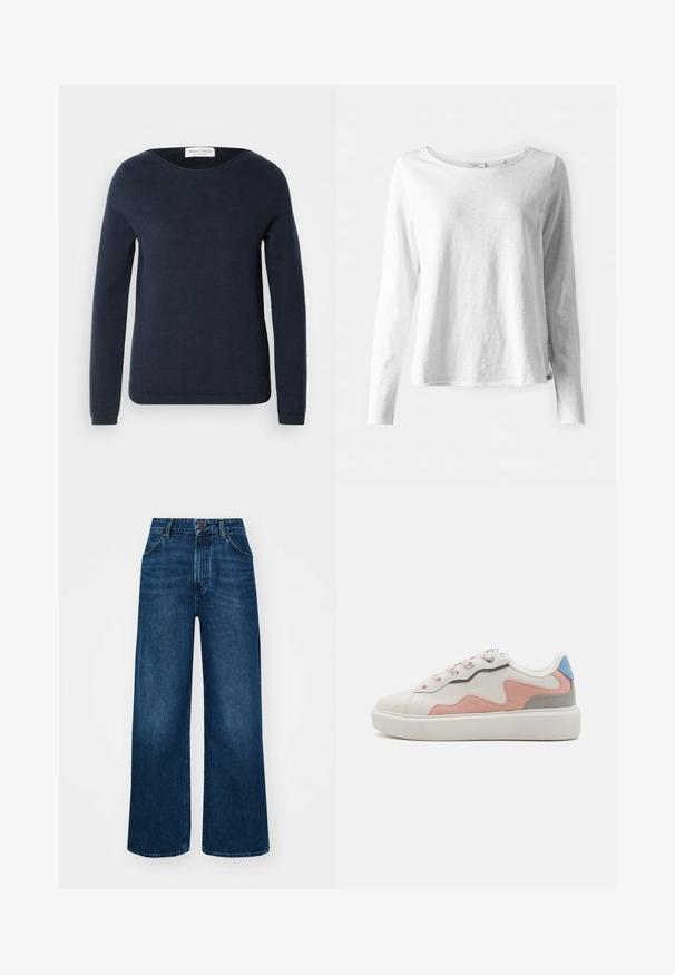 Temno modra dolga majica z dolgimi rokavi, izdelana iz mehke tkanine, z okroglim ovratnikom ter rebrastim robom in manšetami za prilegnjen videz.; Dolga rokavica bela majica iz mehkega, lahkega materiala; ima okroglo ovratnico in rahlo sproščen kroj; oznaka vidna na strani.; Hlače z visokim pasom in širokimi nogavicami iz temno modrega denima z gladko teksturo, kontrastnim šivanjem in zasnovo s petimi žepi. Sprednje zapiranje na gumb.; Nizki športni copati z belim sintetičnim zgornjim delom, rožnatimi in sivimi usnjenimi detajli, strukturiranim belim gumijastim podplatom ter pisanimi vezalkami.