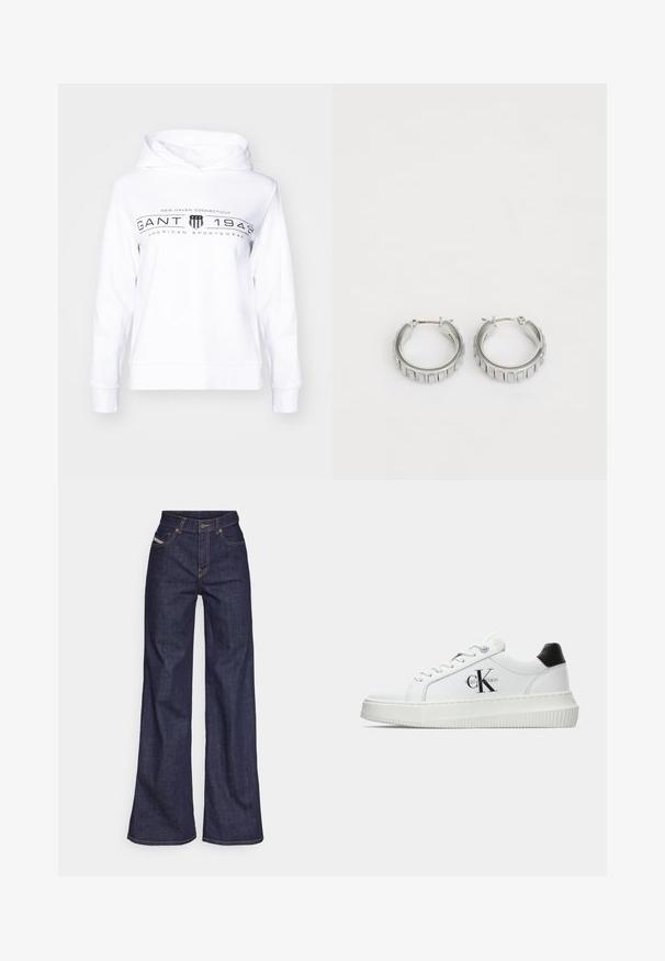 Felpa bianca con cappuccio, caratterizzata da una grafica frontale con "GANT 1949", strisce e un logo a scudo. Realizzata in tessuto morbido con una vestibilità comoda.; Jeans a gamba larga di denim blu scuro con vita alta, caratterizzati da cuciture arancioni, design a cinque tasche e chiusura con bottone.; Sneaker bassa bianca con tassello nero sul tallone, suola a piattaforma, lacci e logo "CK" di Calvin Klein sul lato.; Orecchini a cerchio in argento con un design testurizzato caratterizzato da scanalature verticali. Forma circolare con una chiusura a scatto sicura. Finitura liscia.