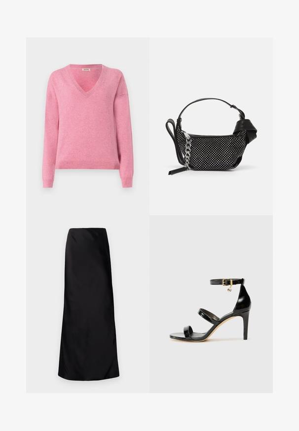 Pulover roz cu decolteu în V, confecționat dintr-un material moale, având mâneci lungi și o margine ondulată. Design simplu, cu o textură fină și un ușor grad de elasticitate.; Norma Kamali BIAS OBIE SKIRT - Fustă maxi - black; Sandale negre din piele lacuită, cu trei curele, cataramă la glezna și toc stiletto de 10 cm. Prezintă detalii din metal auriu și un charm cu logo.; Geantă neagră cu embellishments cu ținte, curea din lanț și mânere din piele netedă, având o formă rotundă și un compartiment cu fermoar.