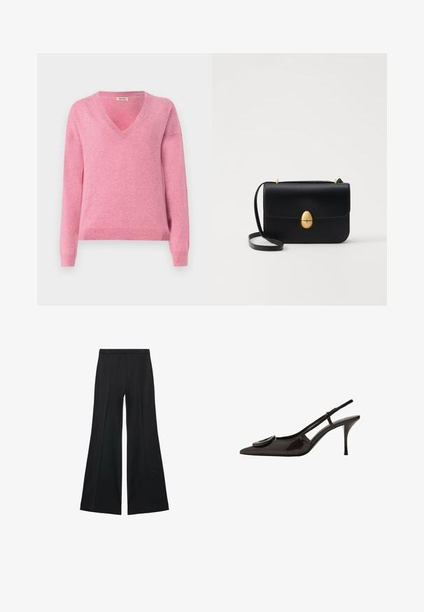 Růžový svetr s výstřihem do V vyrobený z měkké tkaniny, s dlouhými rukávy a žebrovaným lemem. Jednoduchý design s hladkou texturou a mírnou pružností.; Černé kalhoty s širokými nohavicemi a hladkou texturou, s předními sklady a přizpůsobeným střihem. Materiál je lehký a splývavý.; Černé lakované kožené sandály se špičatou špičkou, minimalistickým designem, malým kulatým akcentem na nártu a štíhlým podpatkem.; Černá kožená kabelka se strukturovaným obdélníkovým tvarem. Obsahuje zlatou oválnou sponu a tenký ramenní popruh. Hladký povrch.