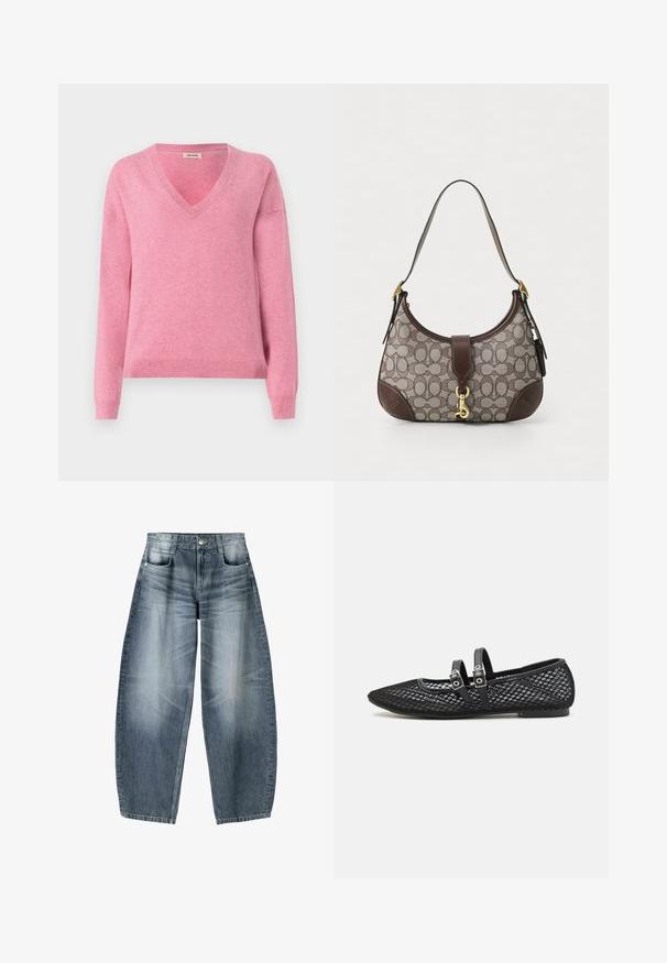 Rosa V-Ausschnitt Pullover aus weichem Stoff, mit langen Ärmeln und geripptem Saum. Schlichtes Design mit glatter Textur und leichtem Stretch.; Weite Jeans aus hellblauem Denim mit Ausbleichungen, im fünf-Taschen-Design, mit Knopfverschluss und minimalen Nähtelementen.; Schwarze Ballettschuhe aus Netzmaterial mit spitzem Zehenbereich, ausgestattet mit zwei verstellbaren schwarzen Riemen mit silbernen Beschlägen. Strukturierte und leichte Konstruktion.; COACH HAMPTONS HOBO BAG IN SIGNATURE JACQUARD - Handtasche - oak maple