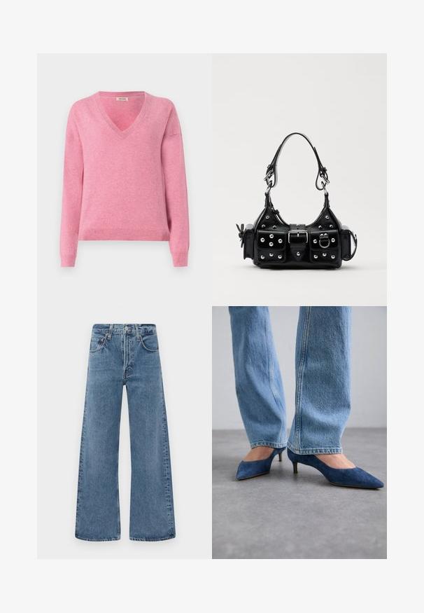 Maglione rosa a scollo a V realizzato in tessuto morbido, con maniche lunghe e orlo a costine. Design semplice con una superficie liscia e una leggera elasticità.; Jeans in denim blu a gamba larga con design classico a cinque tasche, chiusura con bottone e texture sbiadita, caratterizzati da orli grezzi.; Décolleté in suede blu con punta affilata e tacco basso, abbinate a jeans in denim azzurro chiaro con vestibilità a gamba dritta.; Borsa a mano in pelle nera con design curvo, caratterizzata da borchie argentate, una fibbia e due tasche laterali. Tracolla regolabile per diverse opzioni di trasporto.