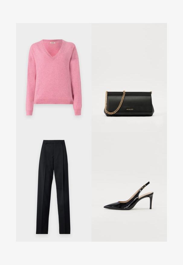 Roosa V-kaelusega kampsun, mis on valmistatud pehmest kangast, omab pikki varrukaid ja soonikkoes äärist. Lihtne disain sujuva tekstuuri ja kerge elastsete omadustega.; Mustad püksid siledast kangast, millel on kõrge vöökoht, laiad jalad, esimesed kortsud ja klassikalised vööloopid. Küljepockets pole nähtavad.; Must hõbedavärvi patendiga slingback kontsakingad terava varbaga, kitsas konts ja peene lõikega disain. Statistika on kuldne pandla rihmal.; Mustast nahast klamberkott kuldse kettrihmaga, millel on sile tekstuur, ristkülikuline kuju ja esiküljel reljeefne brändingu märk.