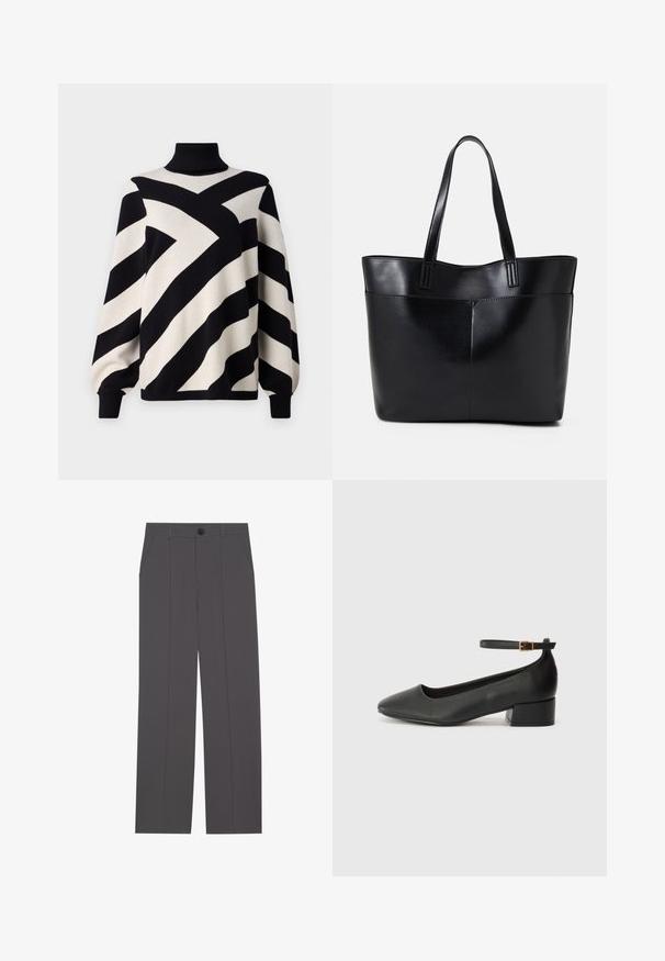 Object OBJRAY ROLL NECK - Pullover - black; Pantalons gris avec une coupe droite, comprenant deux poches latérales et une fermeture à bouton. Tissu lisse sans motifs ni accents visibles.; Escarpin en cuir noir avec un bout pointu et un petit talon bloc. Doté d'une bride de cheville avec une boucle dorée. Texture lisse.; Sac fourre-tout en cuir noir avec deux longues poignées, une texture lisse et une forme structurée. Dispose d'une poche avant pour un rangement supplémentaire.