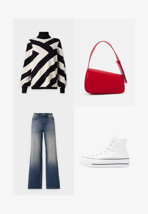 Object OBJRAY ROLL NECK - Jumper - black; High-waisted wide-leg jeans in light to dark blue denim with fading, featuring a button closure and belt loops. Clean hem and no visible embellishments.; White high-top canvas sneaker with black rubber sole, front rubber toe cap, and six eyelets for laces, featuring a clean, minimalist design.; Red leather handbag with an angular, geometric design. Features a single adjustable strap and a flap closure with stitched detailing.