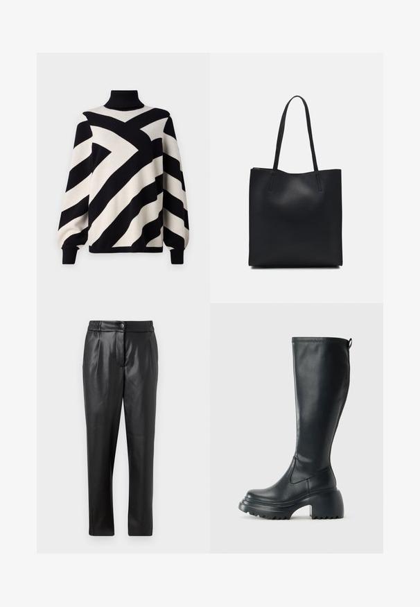 Object OBJRAY ROLL NECK - Pullover - black; Pantalons en cuir noir avec une texture lisse, coupe droite, taille élastique et fermeture à bouton à l'avant ; détails plissés et jambes fuselées.; Botte en cuir noir haute avec semelle plateforme épaisse et talon carré, dotée d'une languette et d'un motif texturé sur la semelle extérieure.; Sac fourre-tout en cuir noir avec une texture lisse, de forme rectangulaire et deux longues poignées. Pas de matériel ou d'ornementations visibles.