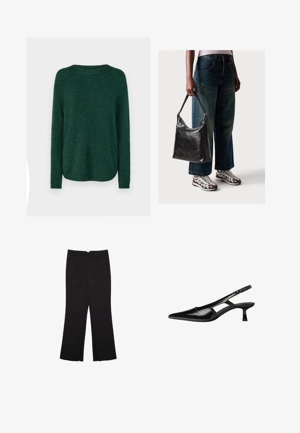 Grüner Strickpullover mit rundem Halsausschnitt, langen Raglanärmeln und leicht abgerundetem Saum. Weiche Textur und mittlerer Dicke, ohne sichtbare Muster.; Schwarze Hose mit geradem Schnitt, ausgestattet mit Fronttaschen und Seitenschlitzen am Saum. Hergestellt aus weichem, glattem Stoff. Geeignet für verschiedene Anlässe.; Schwarze Lackleder-Slingback-High Heels mit spitzer Zehenform, ausgeschnittenem Seitendesign und kleinem Blockabsatz. Glatte Textur mit minimalen Akzenten.; Schwarze Leder-Schultertasche mit glatter Textur und verstellbarem Riemen, kombiniert mit ausgewaschenen weit geschnittenen Jeans und sportlichen Sneakern.