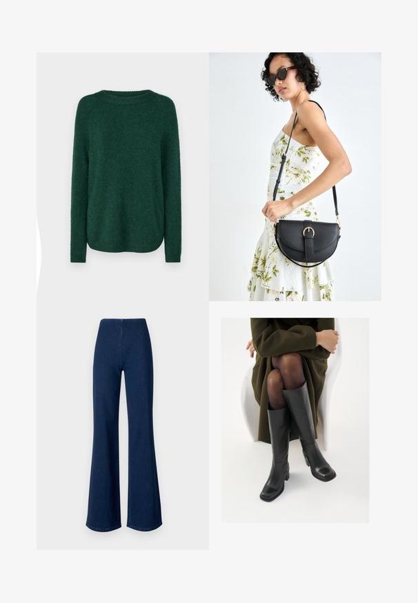 Zelený pletený sveter s okrúhlym výstrihom, dlhými raglánovými rukávmi a mierne zakriveným lemom. Mäkká textúra a stredná hrúbka, žiadne viditeľné vzory.; Tmavomodré rozšírené džínsy vyrobené z denimu s elastickým pásom. Majú hladkú textúru a široký strih, ktorý sa rozširuje až k spodnému okraju.; Čierne kožené čižmy po kolená so štvrtým prstom a blokovým opätkom, zobrazené s modelom sediacim v olivovo zelenej bunde. Hladká textúra, minimálne detaily.; Čierna kožená kabelka s zaobleným tvarom, odnímateľným popruhom a zlatými doplnkami. Kabelka má klopu s detailom s prackou.