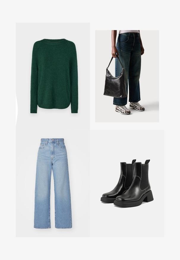 Pull en jersey vert avec un col rond, de longues manches raglan et un ourlet légèrement courbé. Texture douce et épaisseur moyenne, sans motifs visibles.; Jean large taille haute bleu clair avec bouton et fermeture éclair à l'avant, poches avant et arrière, sur fond blanc.; Bottes Chelsea en cuir noir avec un talon épais, des panneaux latéraux élastiques et des coutures blanches contrastantes. Fini texturé.; Sac à bandoulière en cuir noir avec une texture lisse et une bandoulière réglable, associé à un jean ample décoloré et des baskets de sport.