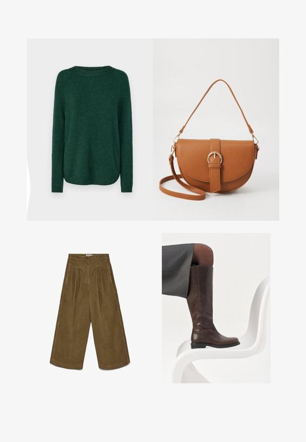 Žalias megztinis su apvaliu kaklu, ilgomis raglan rankovėmis ir šiek tiek išlenktu apačiu. Minkšta tekstūra ir vidutinio storio, be matomų raštų.; Rudos pločius velveto kelnės su aukštu liemeniu, priekinėmis klostėmis, šoninėmis kišenėmis ir mygtukų uždarymu.; Rudos odinės iki kelių botai su apvalia nosimi, lygiu paviršiumi ir minimaliais siuvinėjimais, laikomi prieš šviesų foną ant baltos kėdės.; Ruda odinė kryžminė rankinė, turinti kreivą formą, auksinius metalinius elementus ir sagtį. Yra nuimama petneša.