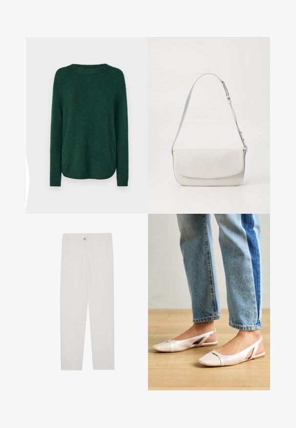 Zöld kötött pulóver kerek nyakkivágással, hosszú raglán ujjal és enyhén ívelt aljjal. Puha tapintású és közepes vastagságú, nincs látható mintázata.; Fehér, testreszabott nadrág egyenes szárú szabással, gombos záródással, övcsatolókkal és oldalsó zsebekkel; sima textúrájú anyag.; Világos rózsaszín slingback laposlábú cipők, hegyes orral, sima bőrhatású anyagból készült. Oldalt kivágott részletek találhatók rajta, valamint lapos sarkú.; Fehér bőr válltáska sima felülettel, téglalap alakú, fedeles záródással és állítható pánttal. Egyszerű varrási részletek.