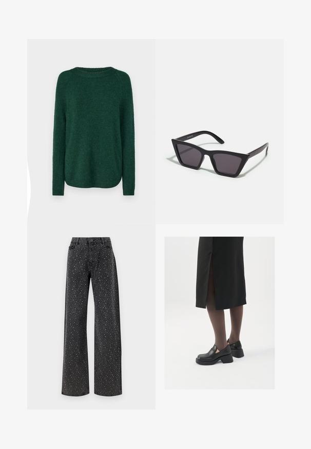 Green knit sweater with a round neckline, long raglan sleeves, and a slightly curved hem. Soft texture and medium thickness, no visible patterns.; Noisy May NMJANNEL LOOSE - Relaxed fit jeans - black denim; Black leather shoes with a rounded toe, thick block heel, and elastic side accents, paired with dark tights and a black skirt with a slit.; Black, angular sunglasses with gray lenses; made of plastic, featuring thick arms with a smooth surface and no visible hardware.; Silver hoop earrings with a minimalist design. Circular shape, smooth texture, and thin profile. Lightweight with a polished finish.