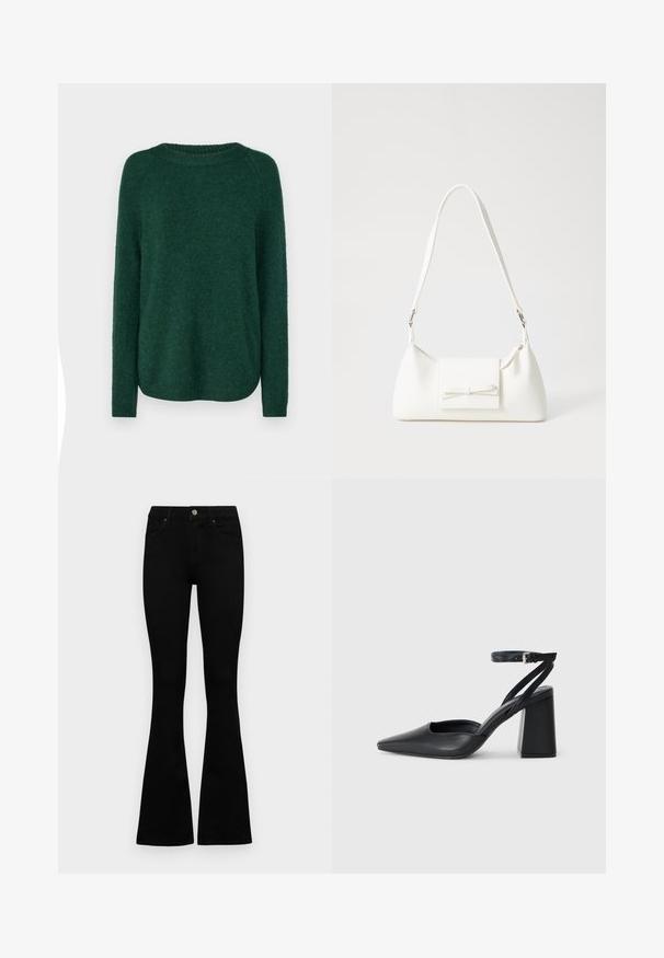 Maglione verde a maglia con scollo rotondo, maniche lunghe a raglan e orlo leggermente curvo. Texture morbida e spessore medio, senza motivi visibili.; Jeans neri a vita alta con chiusura a bottoni e zip, tasche frontali e gambali svasati, distesi su uno sfondo bianco.; Pump in pelle nera con punta affusolata, cinturino alla caviglia e tacco spesso. Texture piatta, design elegante ed estetica minimalista.; Borsa sintetica bianca a forma triangolare, con patta anteriore piatta e dettaglio a fiocco, tracolla regolabile, texture liscia e design minimalista.