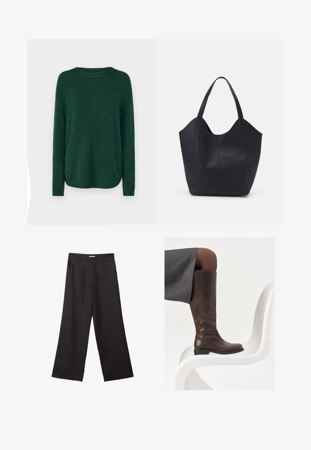 Zeleni pleteni pulover s okruglim izrezom, dugim raglan rukavima i blago zakrivljenim rubom. Mekana tekstura i srednja debljina, bez vidljivih uzoraka.; Crne hlače širokog kroja izrađene od glatkog materijala, s prednjim patentnim zatvaračem i dva bočna džepa, s prilagođenim fitom i minimalističkim dizajnom.; Smeđe kožne čizme do koljena s zaobljenim vrhom, glatkom teksturom i minimalnim detaljima šivanja, postavljene na svijetloj pozadini na bijeloj stolici.; Crna torba od glatke kože, s zakrivljenim otvorenim vrhom, dva remena za rame i minimalističkim dizajnom.
