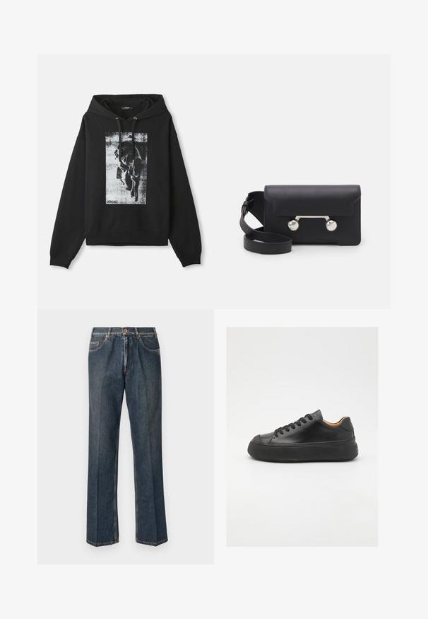 Mustmust, mis on tehtud puuvillast, omaduseks halli ja valgega graafiline print profiilist ning kuldsete joonlaudadega.; Tumedast sinised sirged teksapüksid, millel on ees nupp, tõmblukk, kaks eesmist taskut ja nähtavad vertikaalsed kortsud pükste jalgu pidi.; Mustmust mustarist king kätšiga, ümar varvas, nöörimisega esiosa, sile tekstuur, paks kummist tall ja kontrastne pruun sisemus.; Must со хsaid crossover kottiga black nahka, mis on varustatud klapiga sulgemisega, hõbedased detailid ja kaks ümmargust aksessuaar. Omab eemaldatavat rihma. Sile tekstuur.