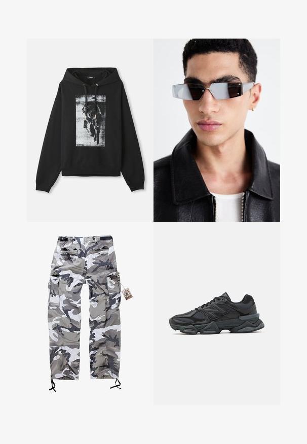 Melna kapuce, izgatavota no kokvilnas, ar grafisku attēlu, kurā attēlots profils pelēkā un baltā krāsā, ar zeltītām auklu aparatūras detaļām.; Kamikas stila cargo bikses pelēkās un baltās nokrāsās, ar vairākiem kabatām un šņorēm pie potītēm, lai pielāgotu fit.; Melna skriešanas apavi ar jauktu acu audumu un sintētiskiem materiāliem, masīvu zoli, izliekta dizaina elementiem un izteiktu zīmola logotipu uz sāniem.; Stūrainas pelēkā toņa saulesbrilles ar sudraba detaļām, novietotas uz gaiša fona. Lēcas ir ar unikālu ģeometrisku formu.
