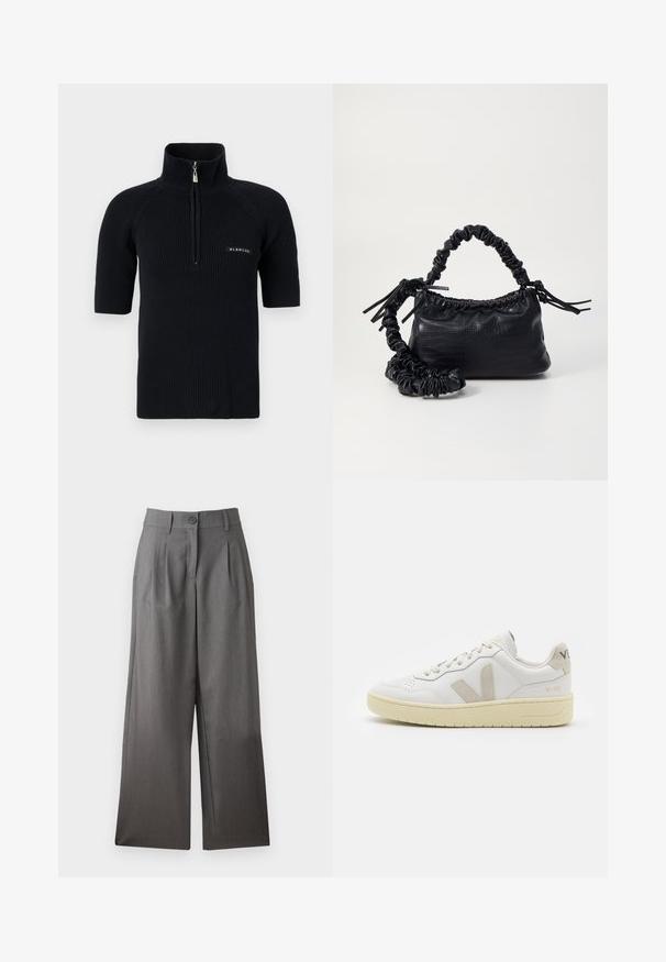 Fekete, bordázott kötött rövid ujjú felső, magas gallérral és részleges cipzárral. Az alsó bal oldalon logó folt található.; Széles lábú nadrág sötétszürke anyagból, gombos zárással, elülső pliszírozással és sima textúrával. Nincs látható minta vagy díszítés.; Fehér bőr sneaker bézs velúr részletekkel, perforált orr résszel, lapos fűzőkkel és textúrált krémszínű talppal. Finom márkajelzés található a sarkán.; Fekete műbőr kézi táska krokodil bőr textúrával, összehúzható tetejű és gyűrt pánttal. Lágy és kompakt dizájnúnak tűnik.