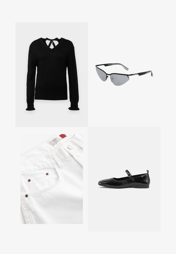 Czarny sweter z dekoltem w serek i wiązaniem z tyłu. Długie rękawy z falbaniastymi mankietami. Miękka faktura, slim fit i subtelne logo na piersi.; Białe dżinsowe szorty z średnim stanem, pięcioma kieszeniami i akcentami w kolorze miedzi. Teksturowany materiał z haftowanymi detalami.; Czarne lakierowane baleriny z ostro zakończonym noskiem, paskiem na kostkę z klamrą oraz gładką, błyszczącą teksturą. Niski obcas dla wygody.; Czarne okulary przeciwsłoneczne w kocim kształcie. Srebrne lustrowane soczewki. Smukłe, lekkie plastikowe oprawki z dyskretnym oznakowaniem na zausznikach.; Srebrne metalowe kolczyki o gładkim, kroplowym kształcie i wypolerowanym wykończeniu. Delikatne grawerunki dodają szczegółów. Minimalistyczny design.