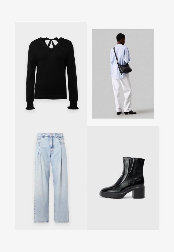 Melnas džemperis ar V veida kaklu un auklējamu detaļu aizmugurē. Garas piedurknes ar frillām. Mīksta tekstūra, šaurs piegriezums un maza logo uz krūts.; Gaiši zilas džinsu bikses ar augstu jostasvietu, plats kāju griezumu, divām sānu kabatām un krokotā dizaina akcentiem. Mīksta tekstūra ar izdilušu apdari.; Melnas lakotas ādas potītes zābaki ar izliekto purngalu, elastīgām sānu paneļiem un masīvu blokveida papēdi. Aizmugurē ir izsistā logo.; Melna ādas plecu soma ar mīkstu tekstūru, trīsstūra formu un regulējamu siksnu, apvienota ar gaiši zilu svītrotu krekli un baltām biksēm.