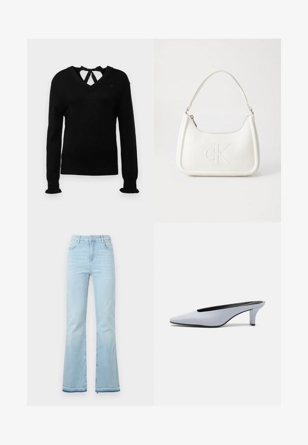 Svart genser med V-hals og knyting bak. Lange ermer med volanger på mansjettene. Myk tekstur, tettsittende passform og subtilt logo på brystet.; Lyseblå flagrende jeans laget av denim, med høy midje, frontlommer og rå kant ved mansjettene for et uformelt utseende.; Lys blå patentlær mule med spiss tå, lav gjennomsiktig hæl og en elegant design med utskjæring på vampen.; Hvit lærveske med en buet fasong, med et preget "CK"-logo på forsiden og en enkel skulderstropp. Glidelåslukking på toppen.