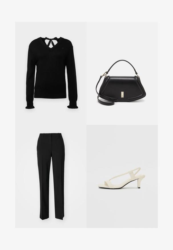 Black sweater with a V-neck and tie-back detail. Long sleeves with ruffled cuffs. Soft texture, slim fit, and subtle logo on chest.; Black tailored trousers with a straight-leg design, featuring a smooth texture and crisp creases along the front. No visible hardware.; Beige block-heeled sandals with thin straps and a square toe. Smooth material with minimal detailing, designed for easy wear.; Black leather handbag with a structured design, featuring a cropped shape, top handle, and gold hardware accent. Adjustable shoulder strap included.