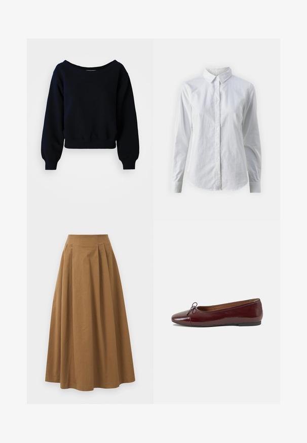 Sweatshirt cropped preto de mangas longas com punhos canelados, cinta e decote largo sobre um fundo branco.; Camisa branca de botão feita de algodão suave, com colarinho clássico, mangas longas e bainha curva. Os botões são pequenos e brancos.; Saia A-line de algodão castanho com cintura alta, apresentando pregas na parte da frente e uma textura suave. As bordas da bainha são limpas e simples.; Bailarinas em couro sintético borgonha com bico redondo, pequeno laço na frente e sola baixa em borracha preta. Textura suave.