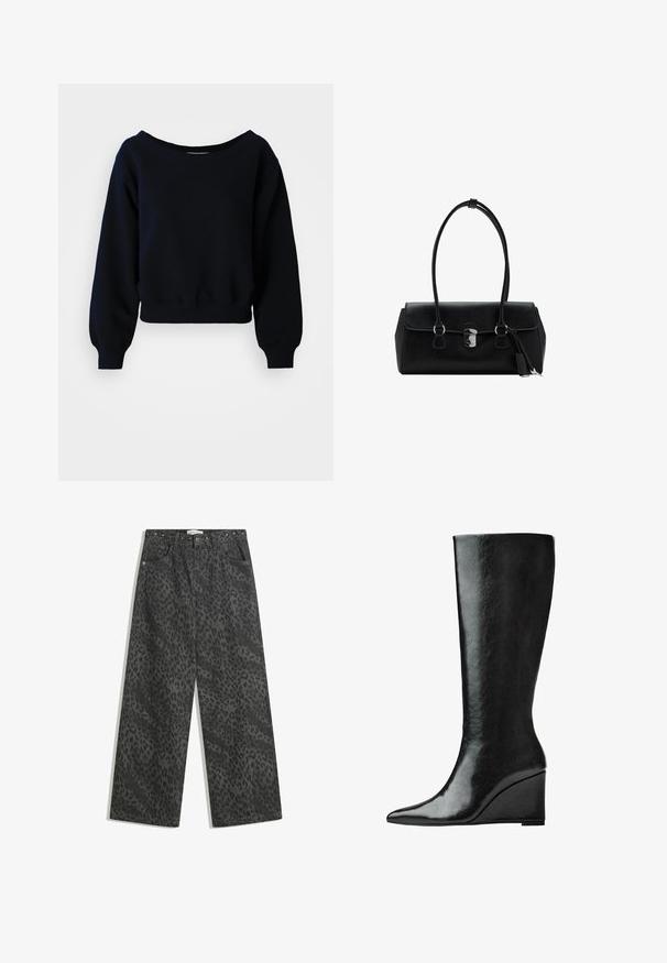 Jednoduchá černá cropped mikina s dlouhým rukávem, pletenými manžetami, pase a širokým výstřihem na bílém pozadí.; Černé džínové kalhoty s širokými nohavicemi, které mají jemný vzor leopardí srsti, kovové hroty na pásku a klasický design s pěti kapsami.; Černé kožené boty do půlky lýtek s úzkou, špičatou špičkou a klínovým podpatkem. Povrch je hladký s lesklým finišem.; Černá kožená kabelka s hladkým povrchem, strukturovaným designem, dvojitými uchy a stříbrným kováním ve středu.