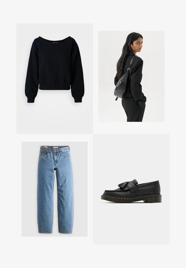 Plain black long-sleeve cropped sweatshirt with ribbed cuffs, waistband, and wide neckline on a white background.; Light blue denim jeans with a straight leg design, five pockets, a zipper fly, and a subtle faded texture. Classic styling with minimal hardware.; Black leather loafers with a rounded toe, featuring a fringed detail and a decorative band across the front, set on a chunky heel.; Woman with long dark hair wearing a black suit, carrying a black leather shoulder bag, looking over her shoulder against a white background.