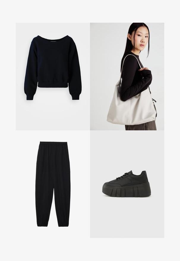 Egyszínű fekete, hosszú ujjú, rövidített pulóver bordázott mandzsettákkal, derékpánttal és széles nyakkivágással, fehér háttéren.; Fekete, könnyű nadrág elasztikus derékkal és ráncolt bokákkal. Az anyag sima és laza, szűkített dizájnnal rendelkezik.; Fekete platform sneaker sima szintetikus felsőrésszel, lekerekített orral, fűzős kialakítással és vastag, bordázott talppal a magasabb megjelenésért.; Puha anyagból készült bézs kézitáska, laza dizájnnal, varrott részletekkel és két vállpánttal. Mindennapi használatra alkalmas.