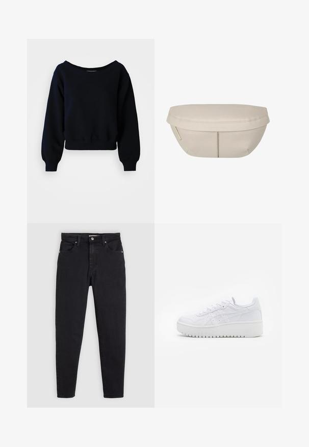 Jednoduchá černá cropped mikina s dlouhým rukávem, pletenými manžetami, pase a širokým výstřihem na bílém pozadí.; Černé slim-fit džíny s knoflíkovým a zipovým zapínáním, pěticípým designem a poutky na opasek na světle šedém pozadí.; Bílé platformové tenisky s hladkým koženým povrchem, perforovanými detaily a plochými tkaničkami; mají silnou bílou gumovou podrážku.; Beige textilní taštička s kulatým tvarem, která má plochý vršek a jemné švy. Obsahuje minimalistické logo a boční popruh.