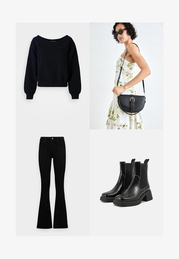 Sweatshirt cropped preto de mangas longas com punhos canelados, cinta e decote largo sobre um fundo branco.; Jeans pretos de cintura alta com fecho de botão e zíper, bolsos frontais e pernas largas dispostos em cima de um fundo branco.; Botas Chelsea em couro preto com um salto grosso, painéis laterais elásticos e costura branca em contraste. Acabamento texturizado.; Bolsa de couro preta com forma curva, alça destacável e detalhes em dourado. A bolsa possui uma aba com detalhe de fivela.