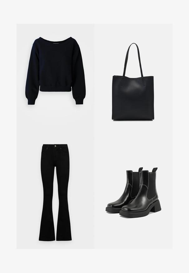 Sweatshirt cropped preto de mangas longas com punhos canelados, cinta e decote largo sobre um fundo branco.; Jeans pretos de cintura alta com fecho de botão e zíper, bolsos frontais e pernas largas dispostos em cima de um fundo branco.; Botas Chelsea em couro preto com um salto grosso, painéis laterais elásticos e costura branca em contraste. Acabamento texturizado.; Bolsa tote preta em couro com textura lisa, forma retangular e duas alças longas. Sem hardware ou enfeites visíveis.