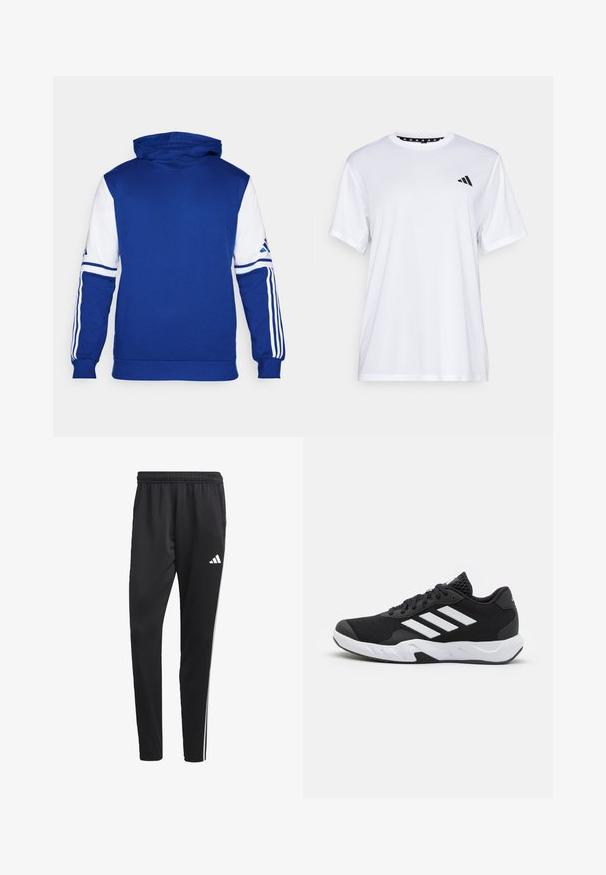 Hanorac albastru cu mâneci albe, având trei dungi albe pe fiecare mânecă. Confecționat dintr-un material moale, cu o buzunare frontală și un glugă cu șnur.; Tricou sportiv alb cu mâneci scurte, fabricat dintr-un material care elimina umezeala. Are un logo negru pe pieptul stâng și o guler interiory cu un design patterned.; Pantaloni sport negru cu un brâu elastic, dungi albe pe lateral și un mic logo alb pe coapsă. Realizați dintr-un material neted și ușor.; Pantofi sport negri cu un material din plasă texturată, benzi albe de accent, o talpă cushioned și un călcâi întărit pentru suport.