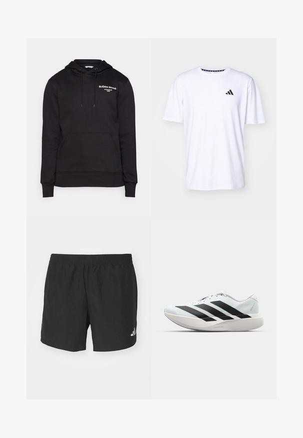 Björn Borg - Bluza z kapturem; Biała koszulka z krótkim rękawem, wykonana z tkaniny o gładkiej fakturze. Posiada czarne logo adidas na lewej piersi oraz wzorzysty kołnierzyk.; Czarne spodenki sportowe z elastycznym paskiem w talii, bocznymi rozcięciami i odblaskowymi akcentami logo. Wykonane z lekkiego, gładkiego materiału.; Lekkie buty do biegania w jasnoniebieskim kolorze z czarnymi pasami. Posiadają gładką cholewkę, okrągły nosek oraz grubą białą podeszwę środkową oznaczoną "LIGHTSTRIKE PRO."