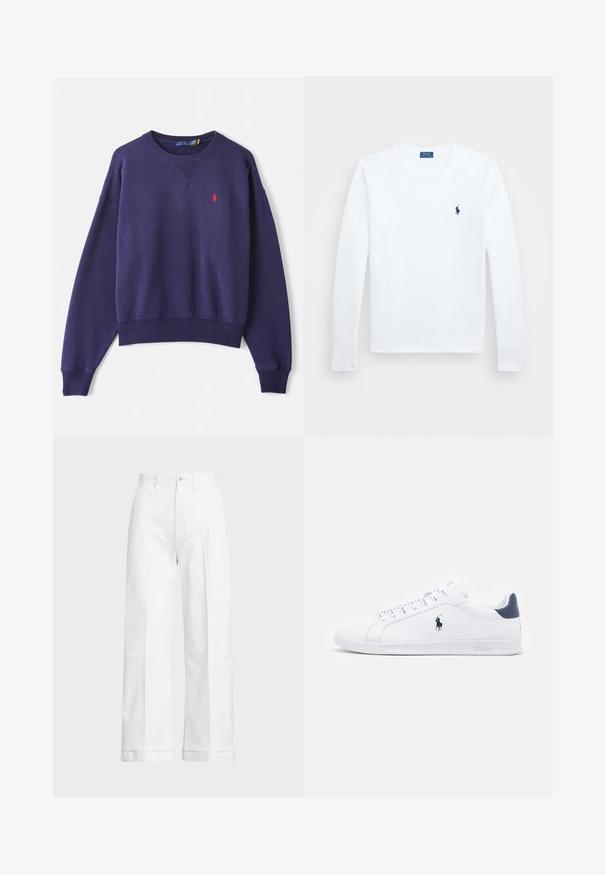 Mornarsko modra majica iz mešanice bombaža, z ribastimi manšetami in robom, obliko v vratu v obliki črke V ter majhnim rdečim logotipom na prsih.; Bela dolga majica z dolgimi rokavi, bombažni material, okrogla neckline, z majhnim mornarsko modrim logotipom na levem prsnem delu. Preprost dizajn, običajen kroj.; Bele široke hlače z visokim pasom, ki imajo gumbasto zapiranje in diskretne šive. Narejene so iz bombaža z gladko teksturo.; Bele športne copate iz belega usnja z gladko površino, mornarsko modrimi detajli in majhnim logotipom na strani. Imajo ravne vezalke in teksturiran gumijast podplat.